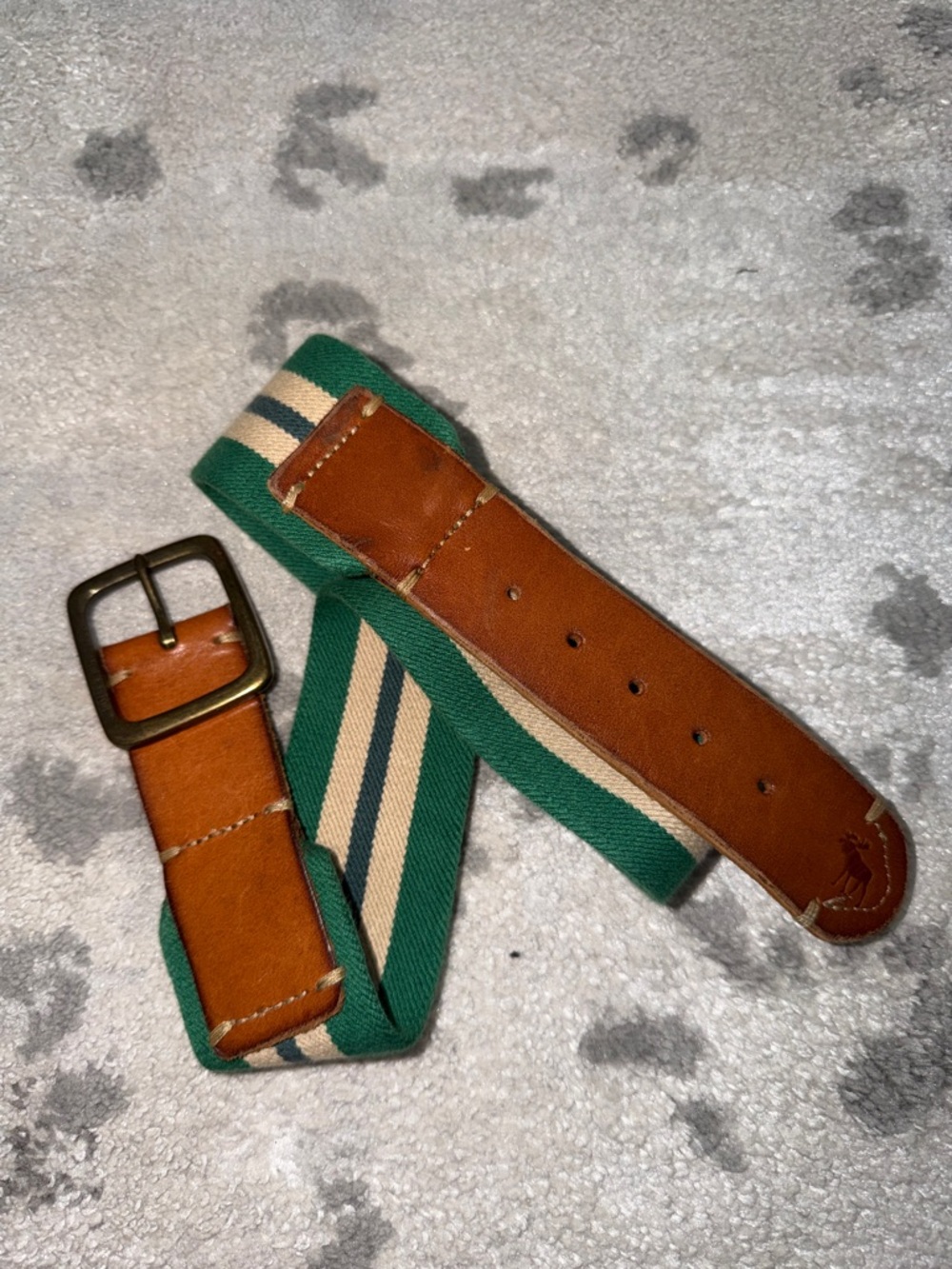 Abercrombie & Fitch Green and Cream Striped elastic belt with Brown Leather